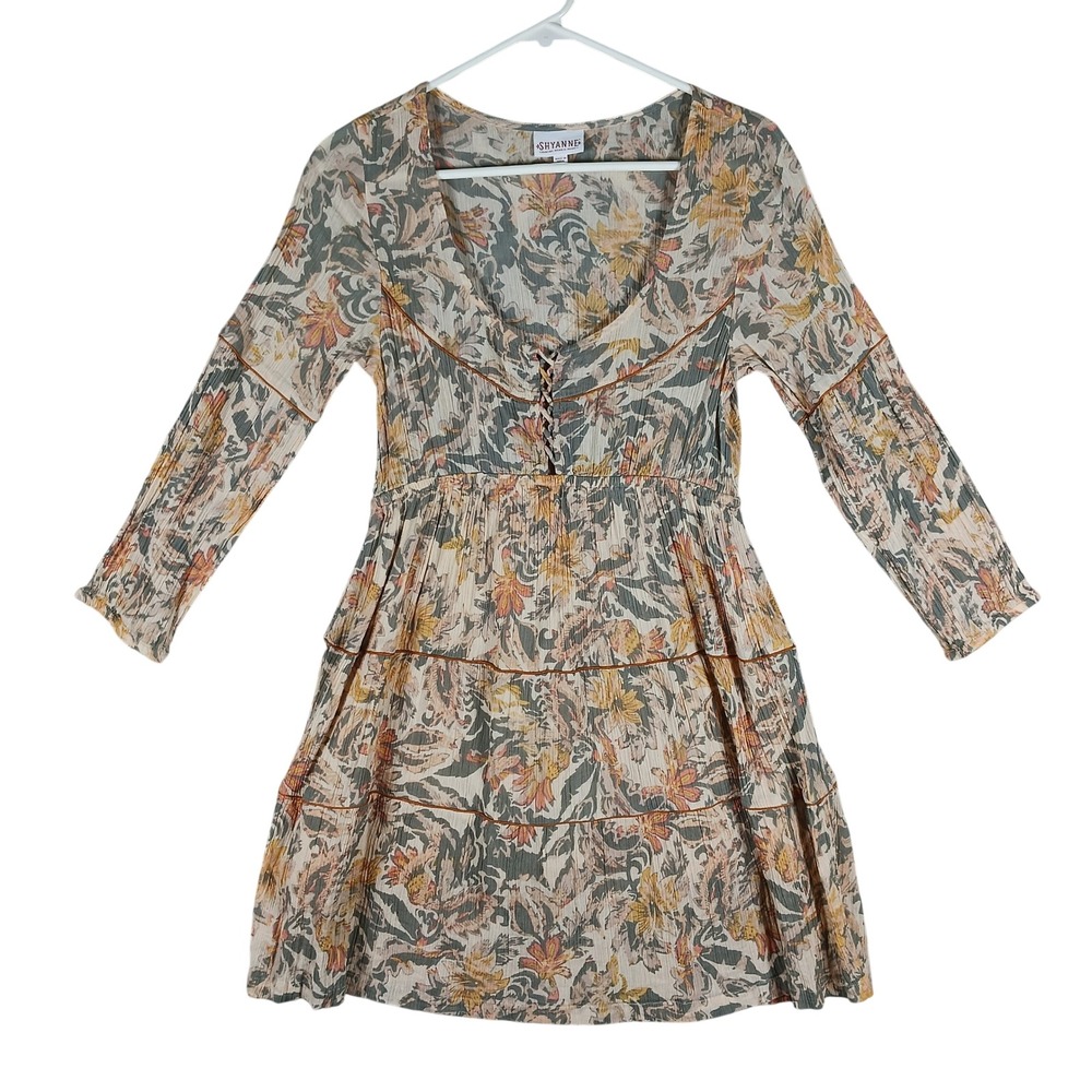 Shyanne Mini Dress Womens Small Tan Floral Lace Up Crinkle Boho Cowgirl Rodeo